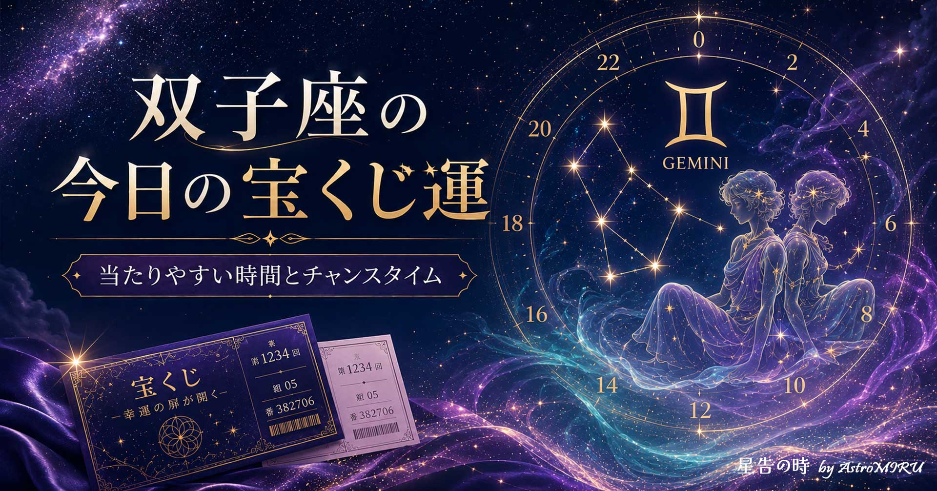双子座のシンボル、宝くじ、きらめく星を組み合わせた明るい開運イメージ