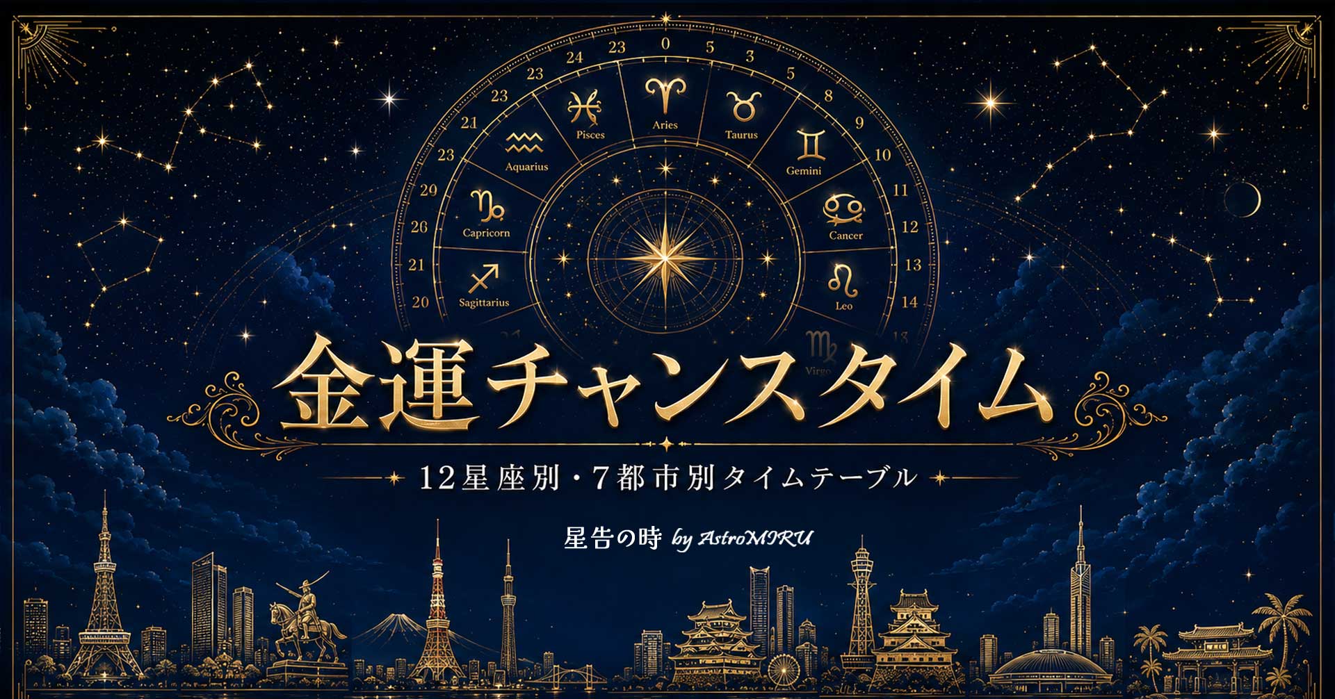 7月15日の金運チャンスタイム占いを表す星空と日本の都市のイメージ