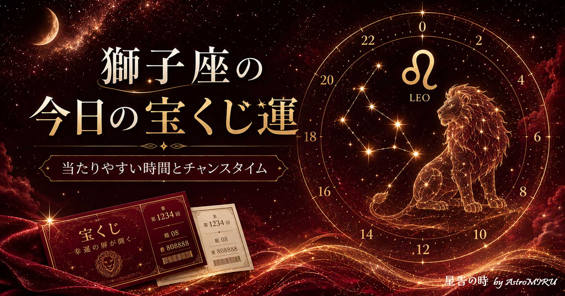 獅子座のシンボル、宝くじ、きらめく星を組み合わせた明るい開運イメージ
