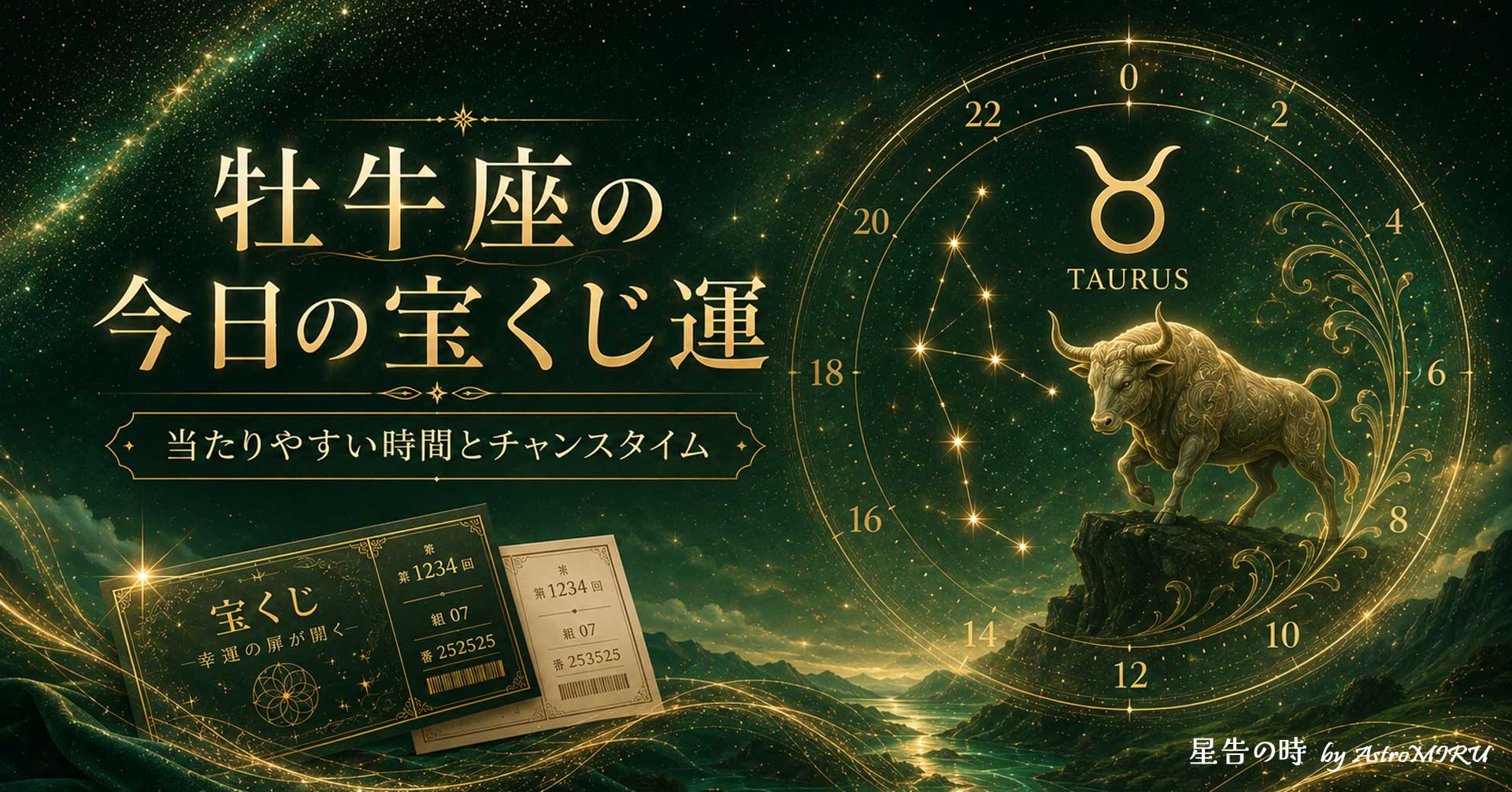 牡牛座のシンボル、宝くじ、きらめく星を組み合わせた明るい開運イメージ