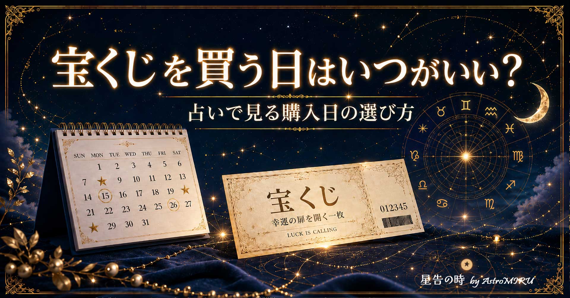 宝くじを買う時間はいつがいいか占いで見るチャンスタイムの選び方を表す、時計と星座盤のイラスト